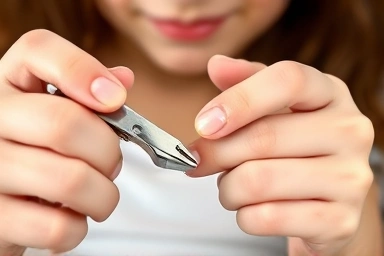 Parent safely trimming baby's nails with special clipper.