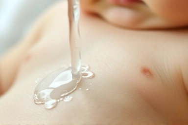 Baby's skin being gently rinsed by clean water.