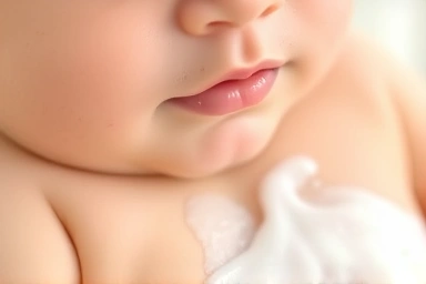 Gentle washing of newborn baby skin with mild foam.