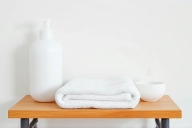 Calm baby bath product arrangement with symbolic water drop.