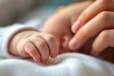 Parent gently files baby's fingernail with emery board.