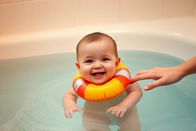 Baby enjoying bath time with neck float