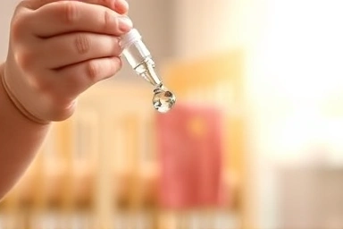 Baby hand holding probiotic dropper in nursery