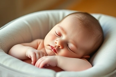 Newborn baby sleeping safely in a supportive reflux cushion.