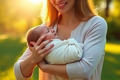 Mother holding swaddled baby outdoors, symbolizing warmth and care.