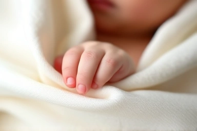 Close-up of baby's hand in a soft, breathable swaddle blanket.