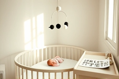 Nursery with newborn, black and white mobile, focus book, gentle light