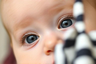 Close-up of newborn baby's eyes focusing on black and white pattern