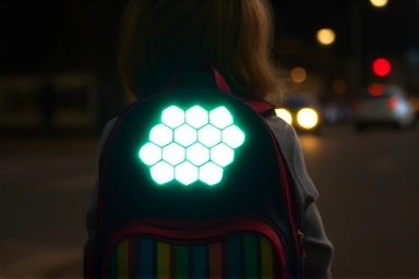 Child's backpack with a bright reflective sticker at night.