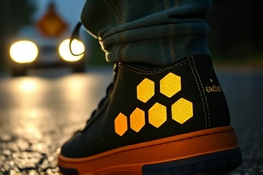 Reflective stickers on a child's shoe at night.