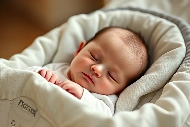 Newborn baby sleeping peacefully in a Nuna Leaf Grow bouncer with insert.