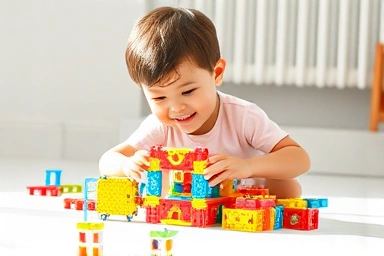 Child playing with magnetic blocks, building a structure