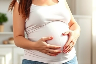 Pregnant woman over 35, serene and prepared.