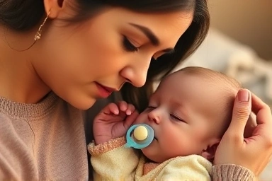 Mother soothing baby with a pacifier, peaceful moment