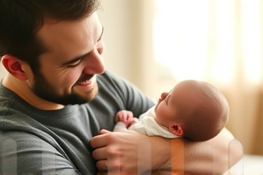 Father bonding with newborn baby, happy family moment.