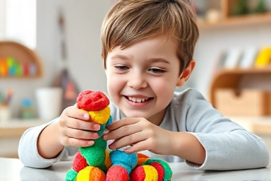 Child creating playdough character with focus and joy.