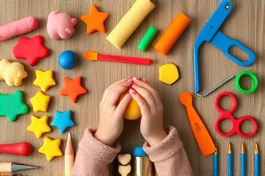 Colorful playdough, tools, and child's hands in creative process.