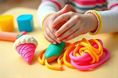 Child's hands creating Play-Doh ice cream and noodles with joy.