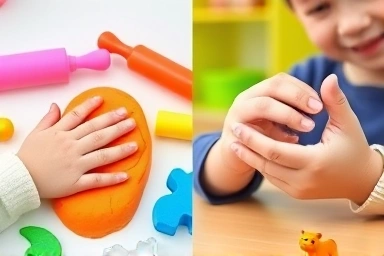 Children enjoying playdough and i-clay, demonstrating tactile play.