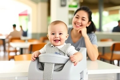 Baby safely seated in portable booster at cafe