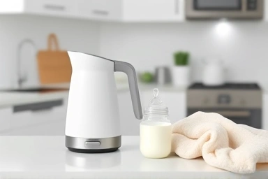 Portable baby formula kettle, baby bottle, and comforting blanket.