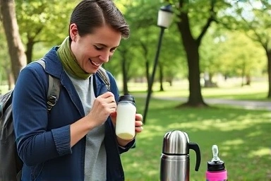 Parent using portable formula kettle in park for baby.