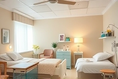 Serene postpartum care center room with focus on comfort.