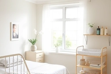 Serene postpartum care center room with baby care amenities.