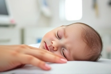 Peaceful newborn baby in a professional, clean nursery.
