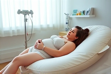 Postpartum mother resting on perineal relief cushion.
