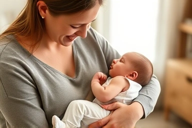Mother holding newborn baby, symbolizing postpartum care and support.