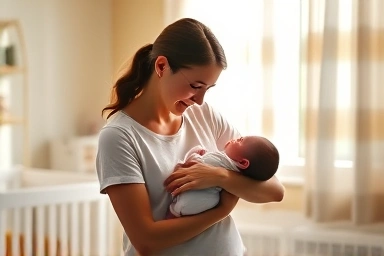 Mother and baby in a bright, healthy nursery.