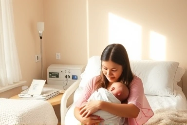 Mother and baby in a peaceful postpartum recovery setting.