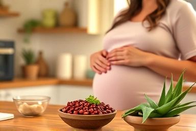 Pregnant woman preparing healthy food with beans and aloe.