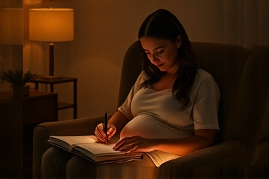 Pregnant woman journaling for stress relief and baby connection.