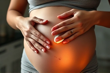 Pregnant woman applying stretch mark cream to abdomen
