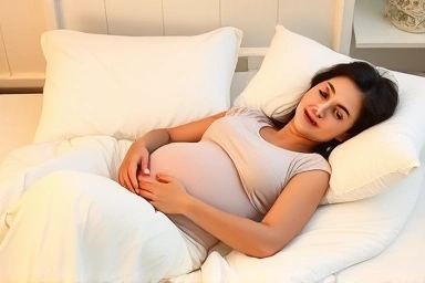 Pregnant woman finding relief from acid reflux with elevated sleep.