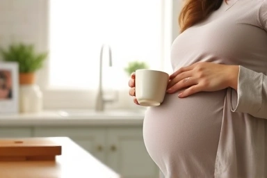 Pregnant woman enjoying coffee, mindful of health.