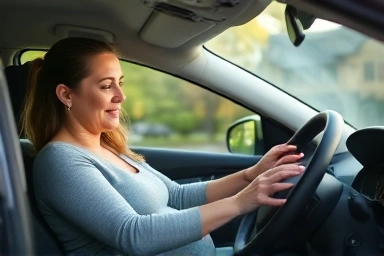 Pregnant woman driving safely in a car.