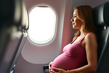 Pregnant woman flying comfortably on a plane.