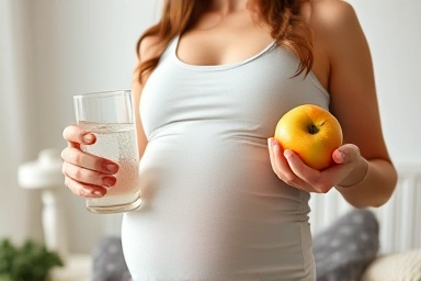 Pregnant woman relieved from constipation with healthy habits.