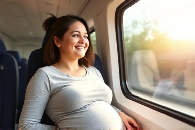 Pregnant woman enjoying a comfortable train journey.