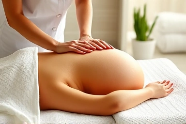 Pregnant woman enjoying a relaxing prenatal massage in a peaceful spa setting.