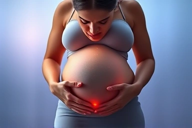 Pregnant woman listening to prenatal music, sound waves connecting mother and baby.