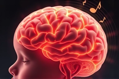 Abstract visualization of baby brain development, affected by prenatal music.