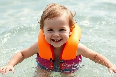 Toddler enjoying safe water play with a swimming aid.