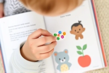 Child's hands placing sticker, developing focus