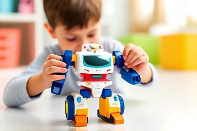Child playing with Robocar Poli transforming robot toy.