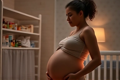 Pregnant woman choosing safe cold medicine for baby.