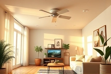 Modern living room with ceiling smoke detector, symbolizing home safety.
